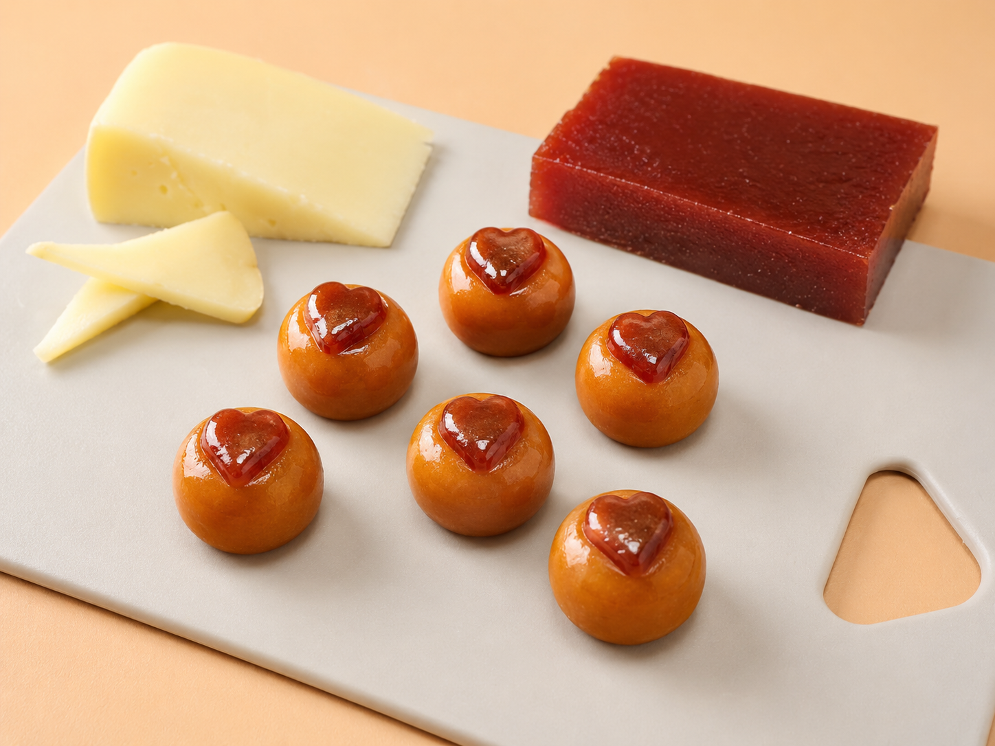 Brigadeiros de goiaba com calda de caramelo e detalhes em coração ao lado de queijo e goiabada.