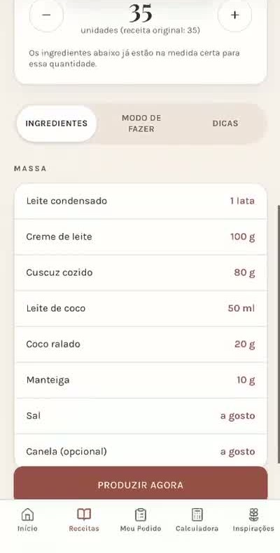 Área prática do aplicativo com ajuste de quantidade e rendimento da produção.